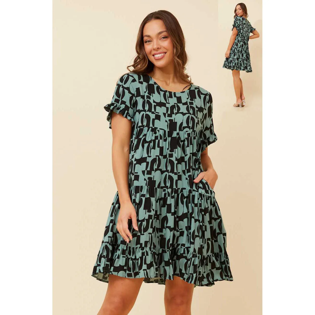 Printed Tiered Dress With Pockets - Sage