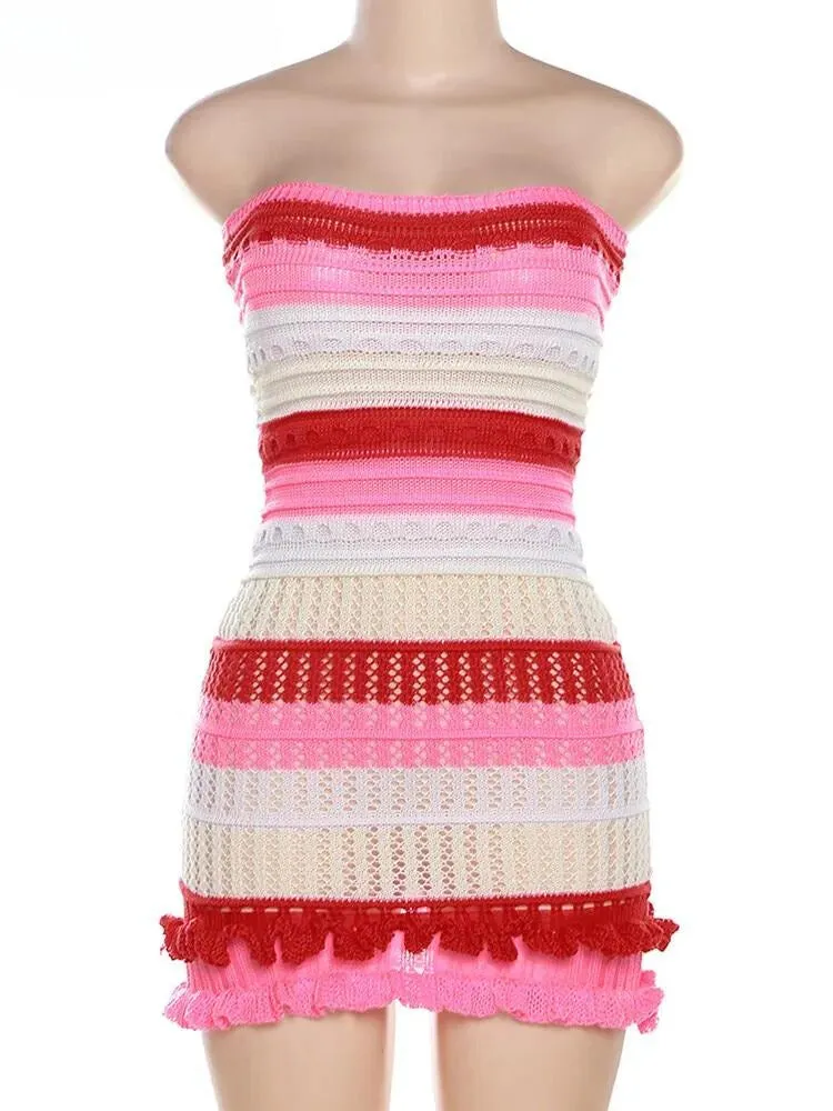 "T-BOO Women's Knit Tube Dress: Elegant Summer Patchwork with Striped Ruffles Hem - Skinny Stretch Bodycon for Street, Vacation, and Clubwear"