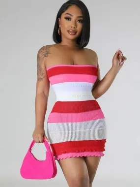 "T-BOO Women's Knit Tube Dress: Elegant Summer Patchwork with Striped Ruffles Hem - Skinny Stretch Bodycon for Street, Vacation, and Clubwear"