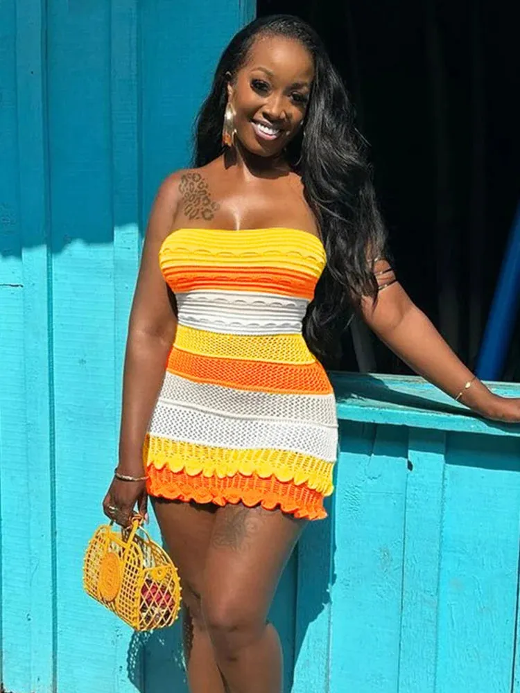 "T-BOO Women's Knit Tube Dress: Elegant Summer Patchwork with Striped Ruffles Hem - Skinny Stretch Bodycon for Street, Vacation, and Clubwear"