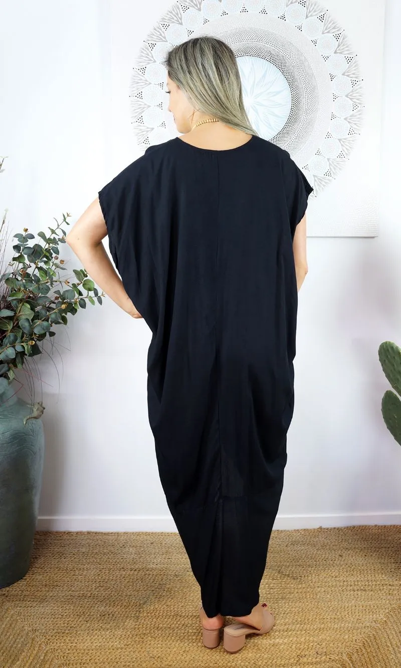 Rayon Kaftan Long Frilled Toga Black