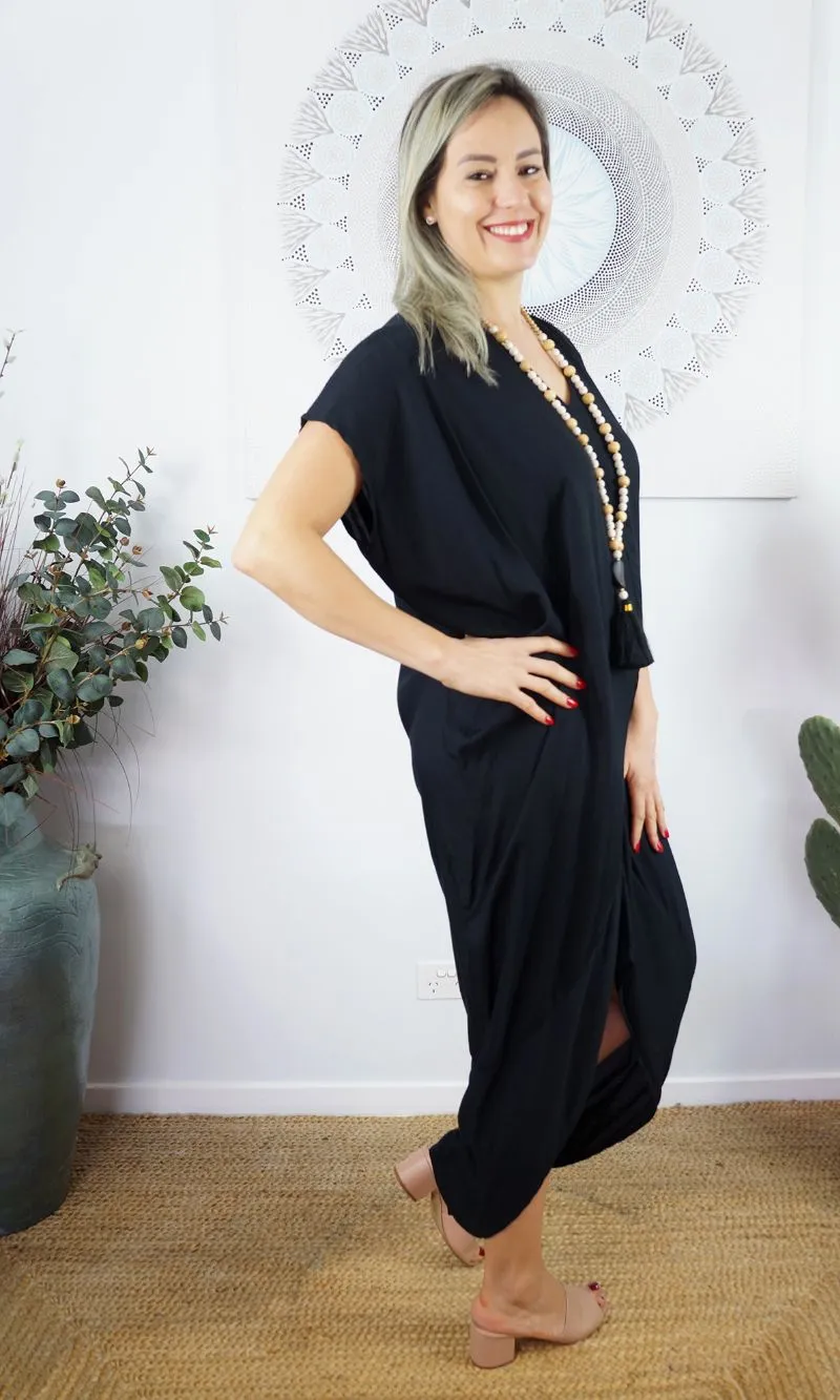 Rayon Kaftan Long Frilled Toga Black