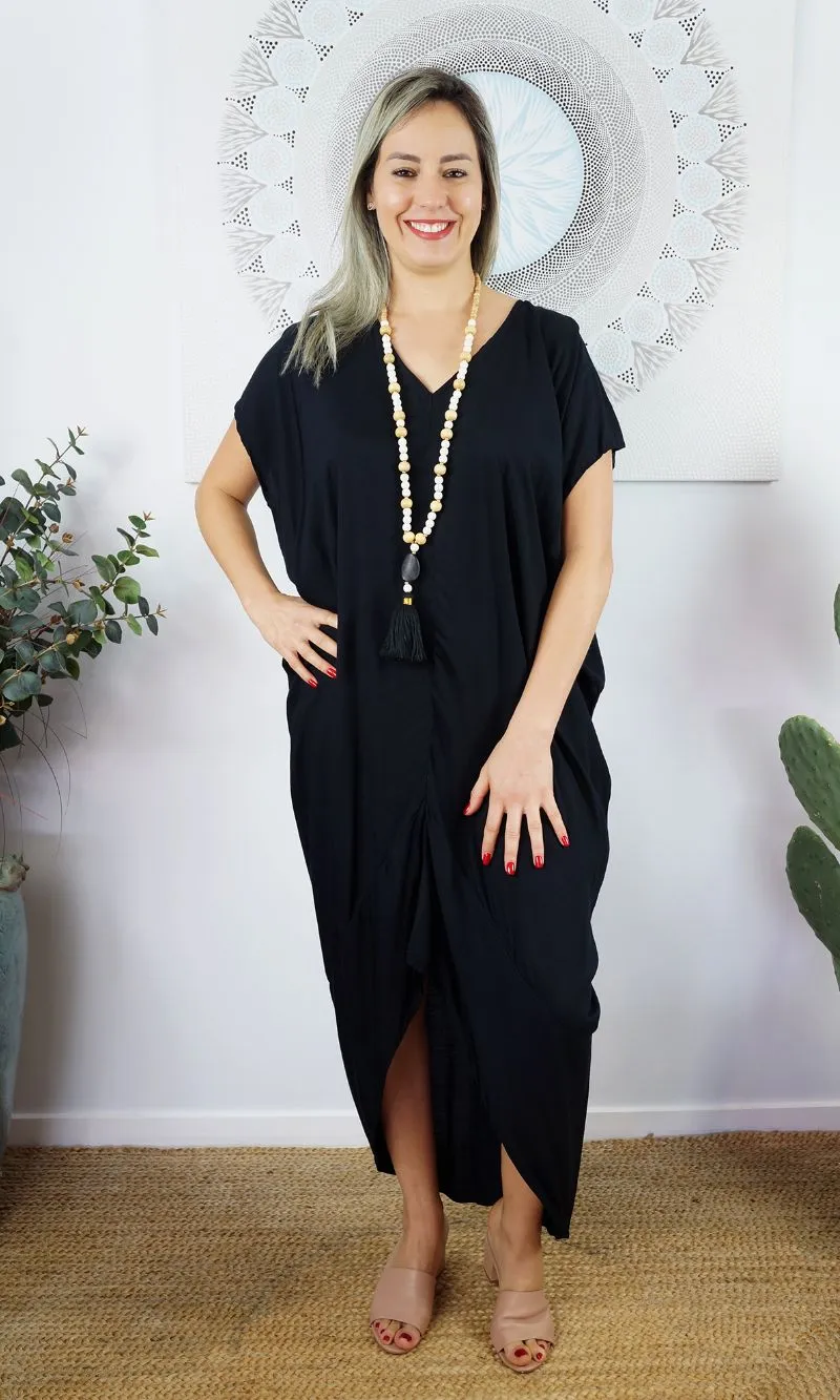 Rayon Kaftan Long Frilled Toga Black