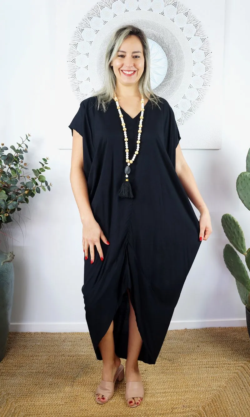 Rayon Kaftan Long Frilled Toga Black