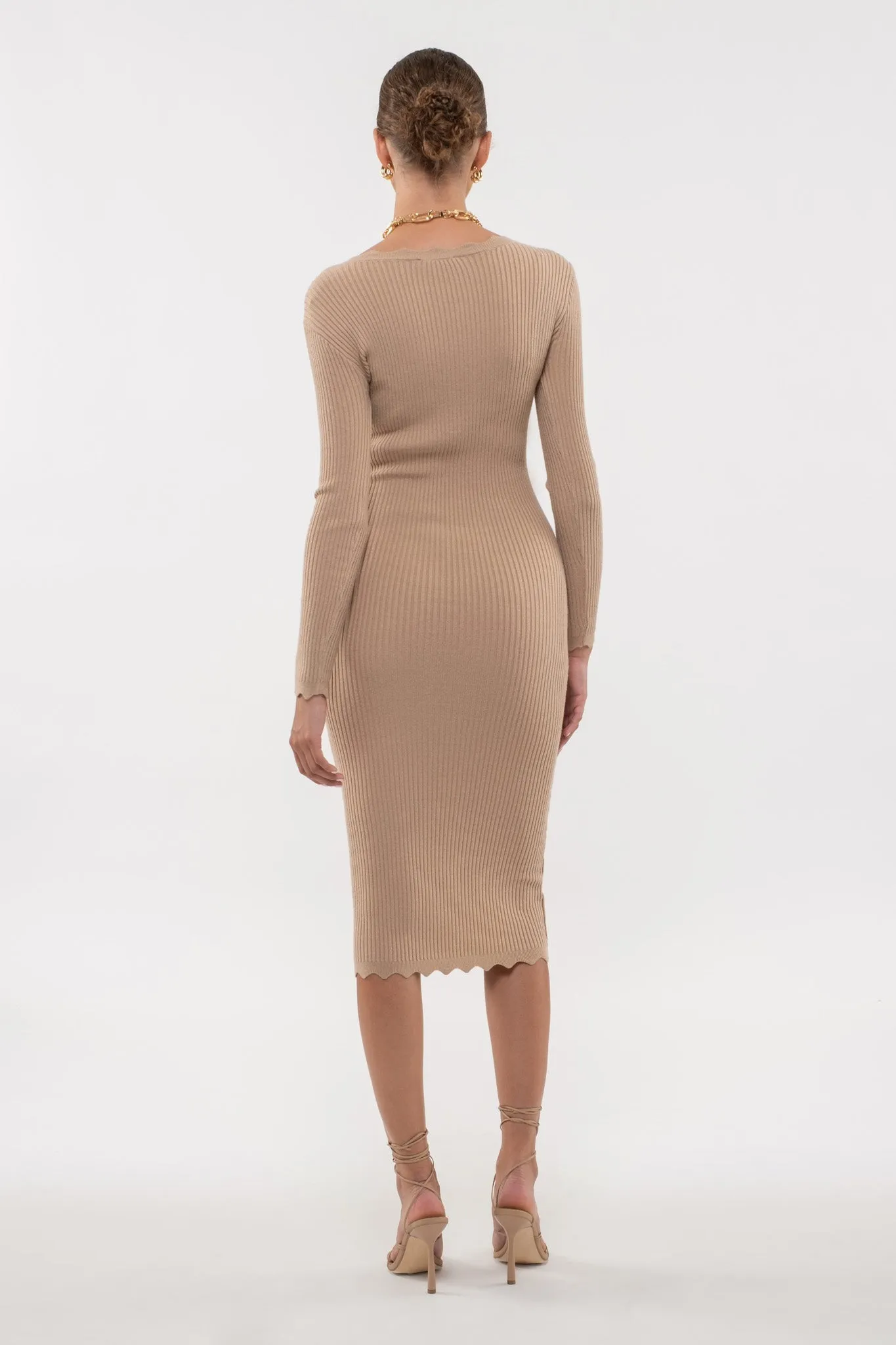 SCALLOP HEM RIB KNIT BODYCON DRESS