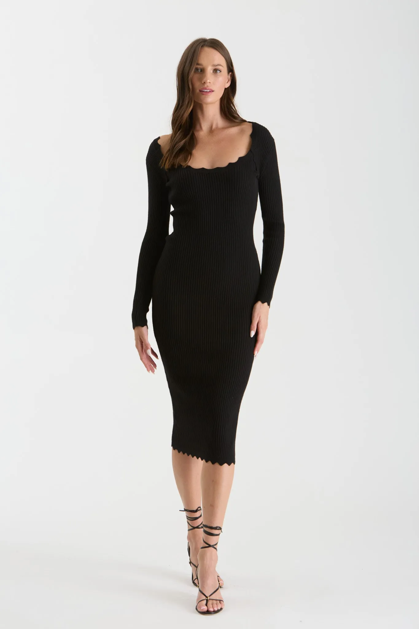 SCALLOP HEM RIB KNIT BODYCON DRESS