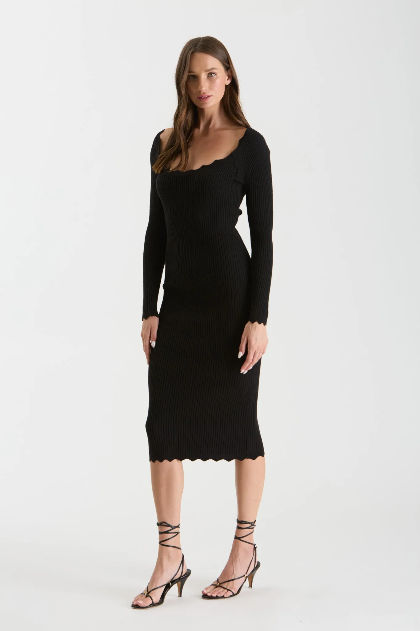 SCALLOP HEM RIB KNIT BODYCON DRESS