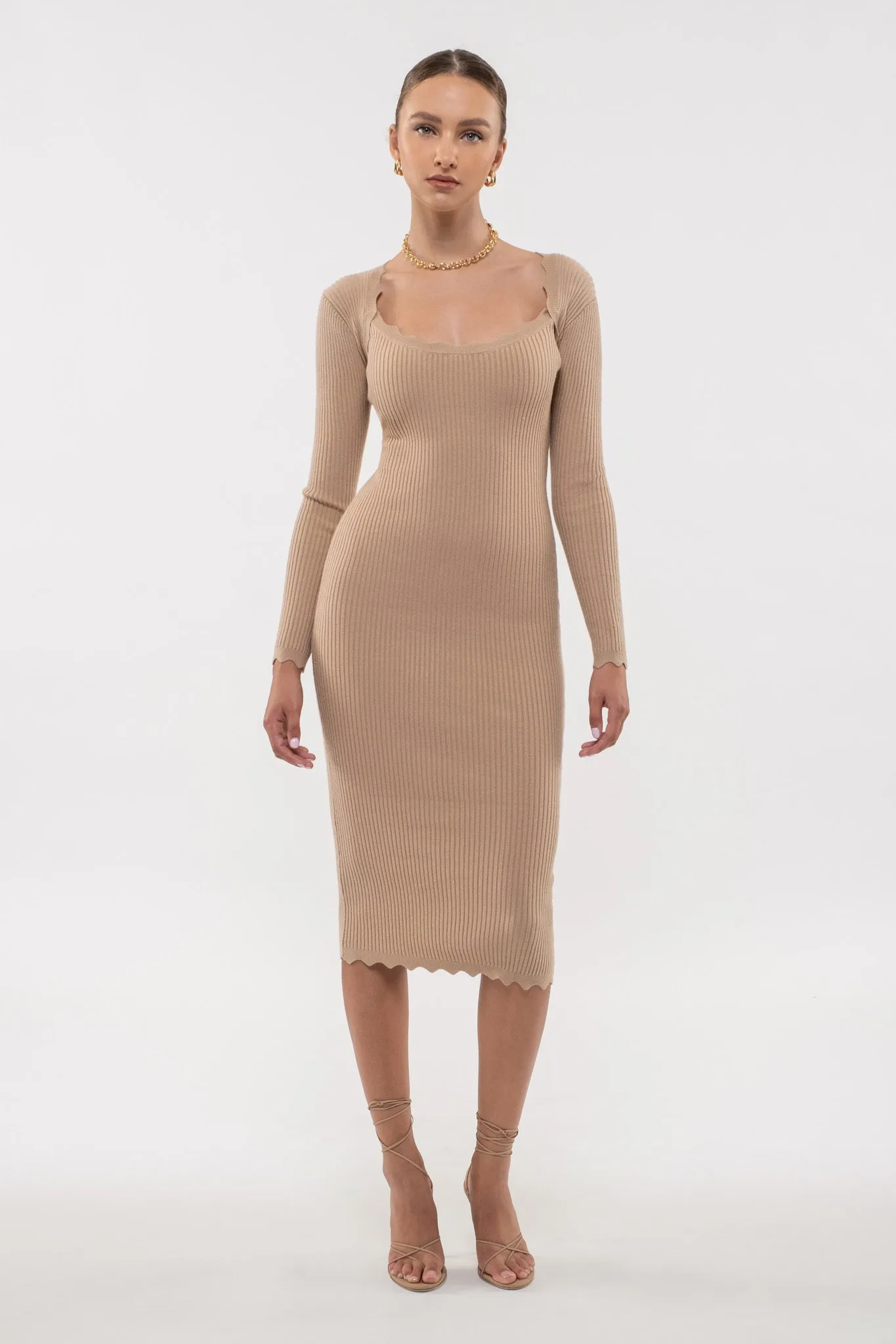 SCALLOP HEM RIB KNIT BODYCON DRESS