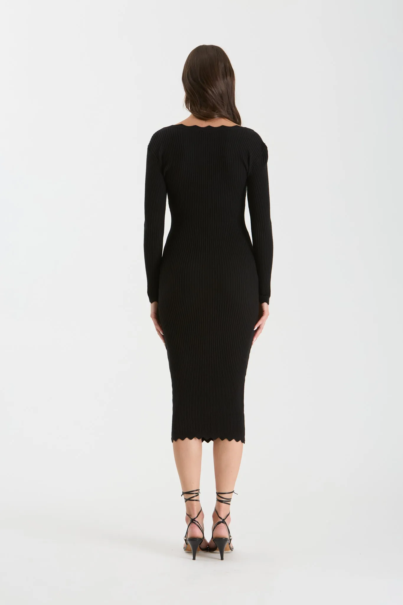 SCALLOP HEM RIB KNIT BODYCON DRESS