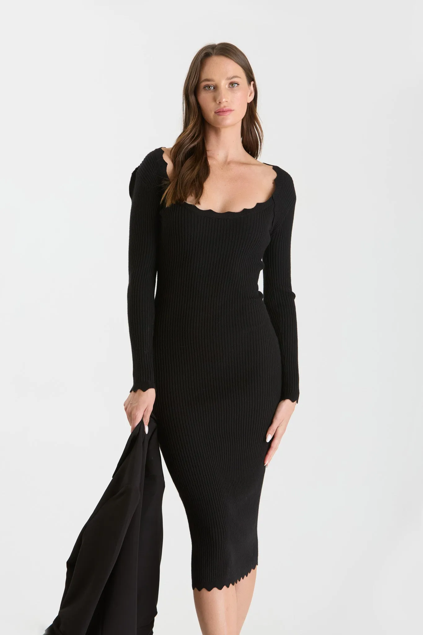SCALLOP HEM RIB KNIT BODYCON DRESS