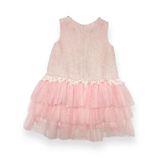 Sleeveless Tweed Tulle Dress - Pink