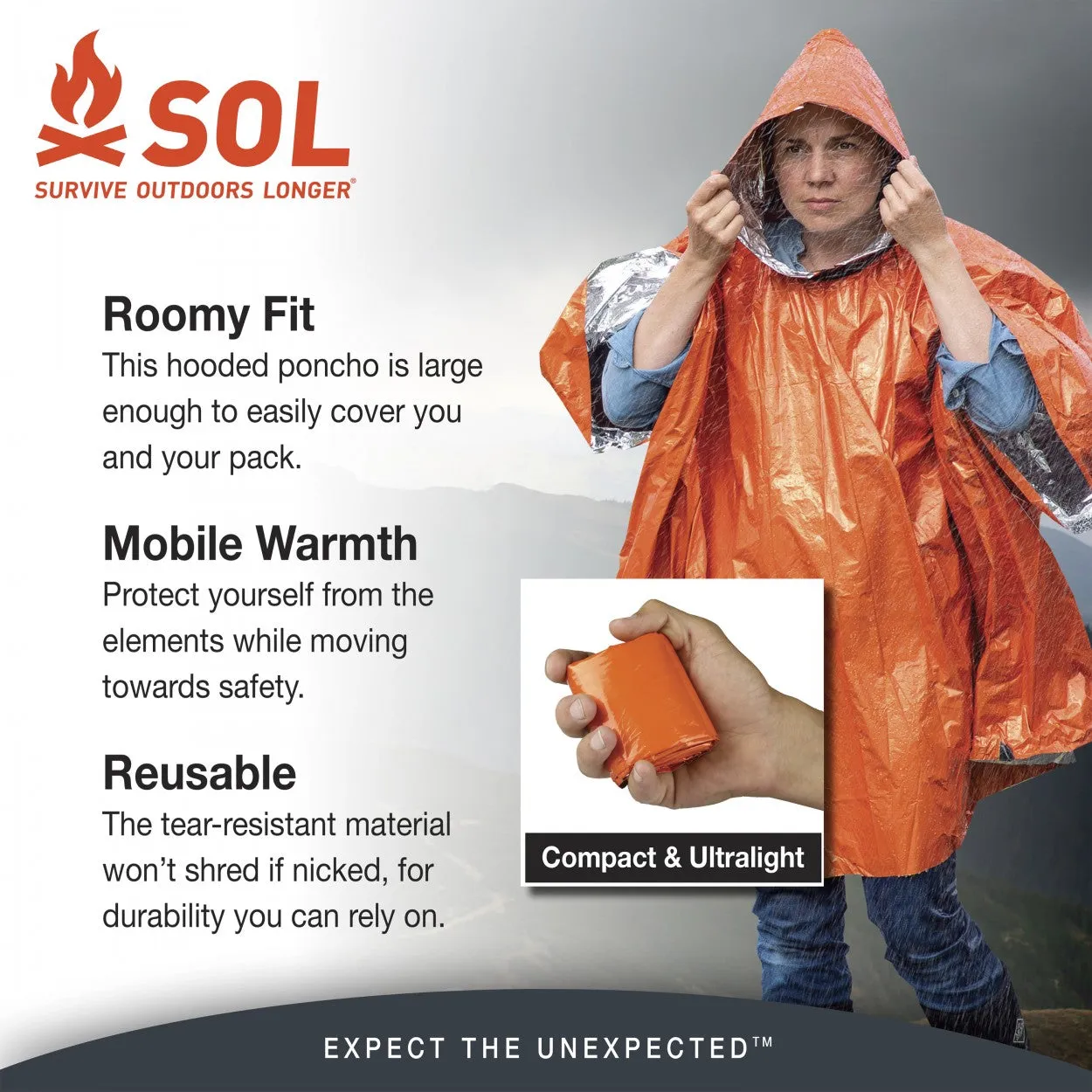 SOL - Heat Reflective Poncho for protection from Wind, Rain, & Snow.