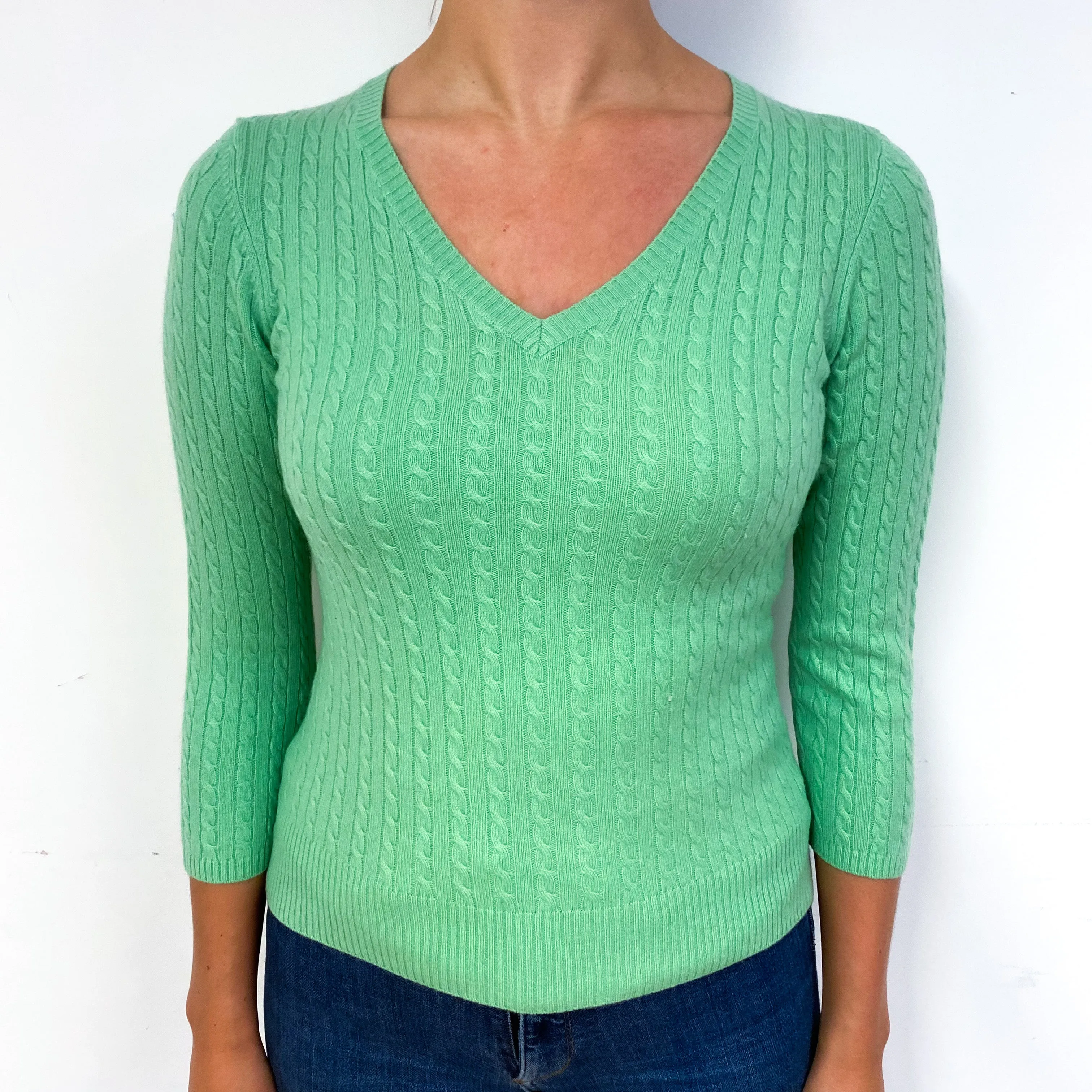 Spring Green Cable Cashmere V-Neck Jumper Small