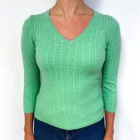 Spring Green Cable Cashmere V-Neck Jumper Small