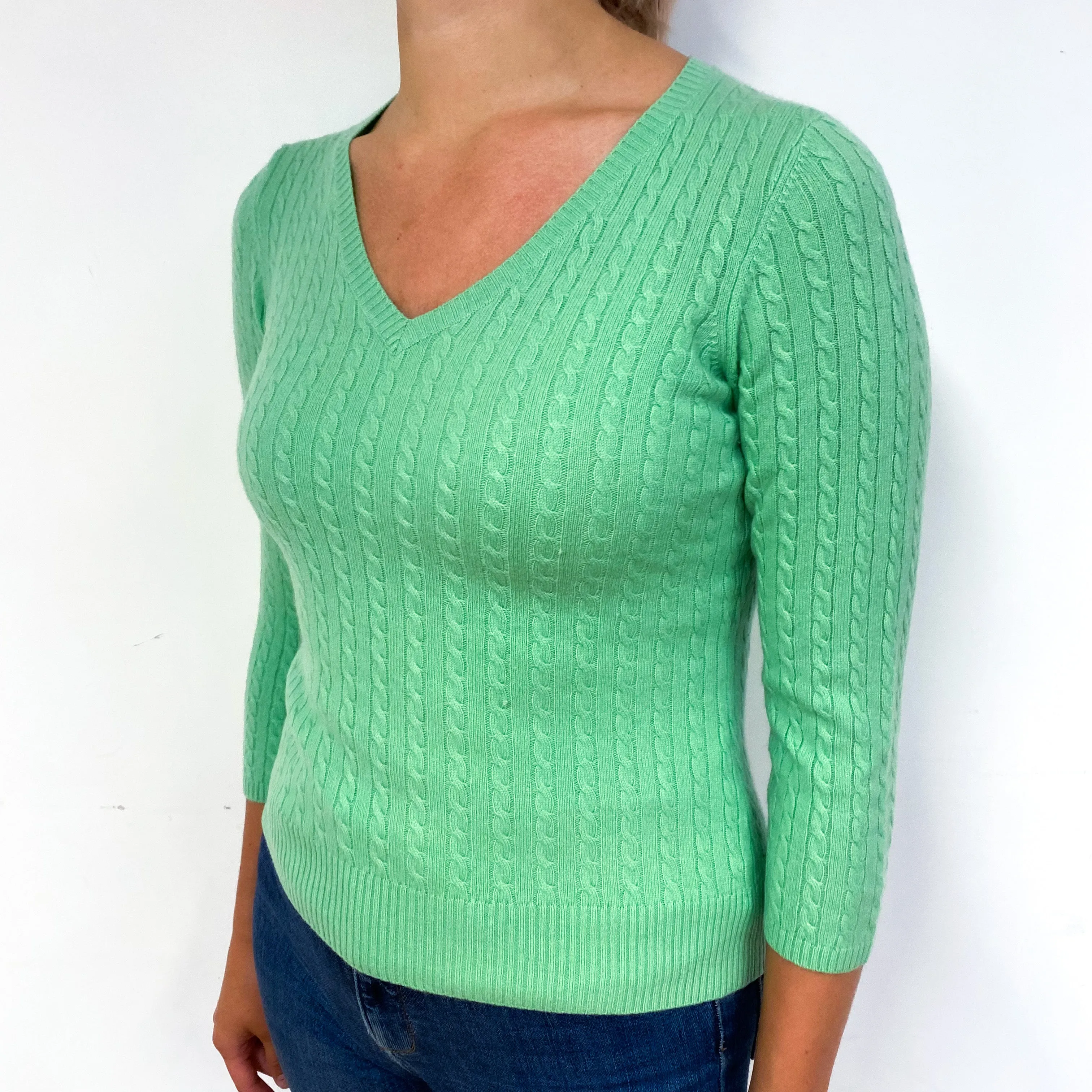 Spring Green Cable Cashmere V-Neck Jumper Small