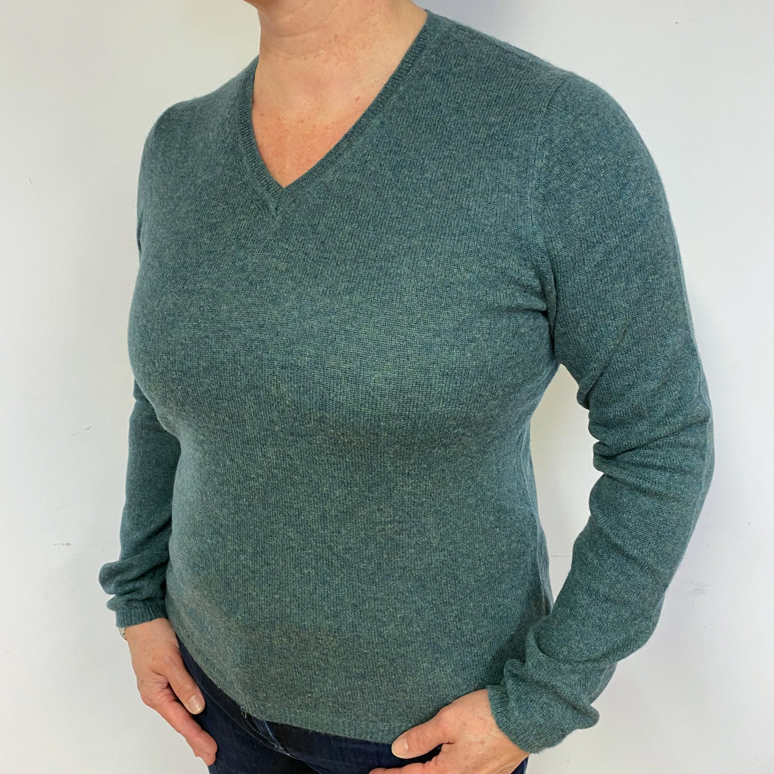 Spruce Green Cashmere V-Neck Jumper Large.