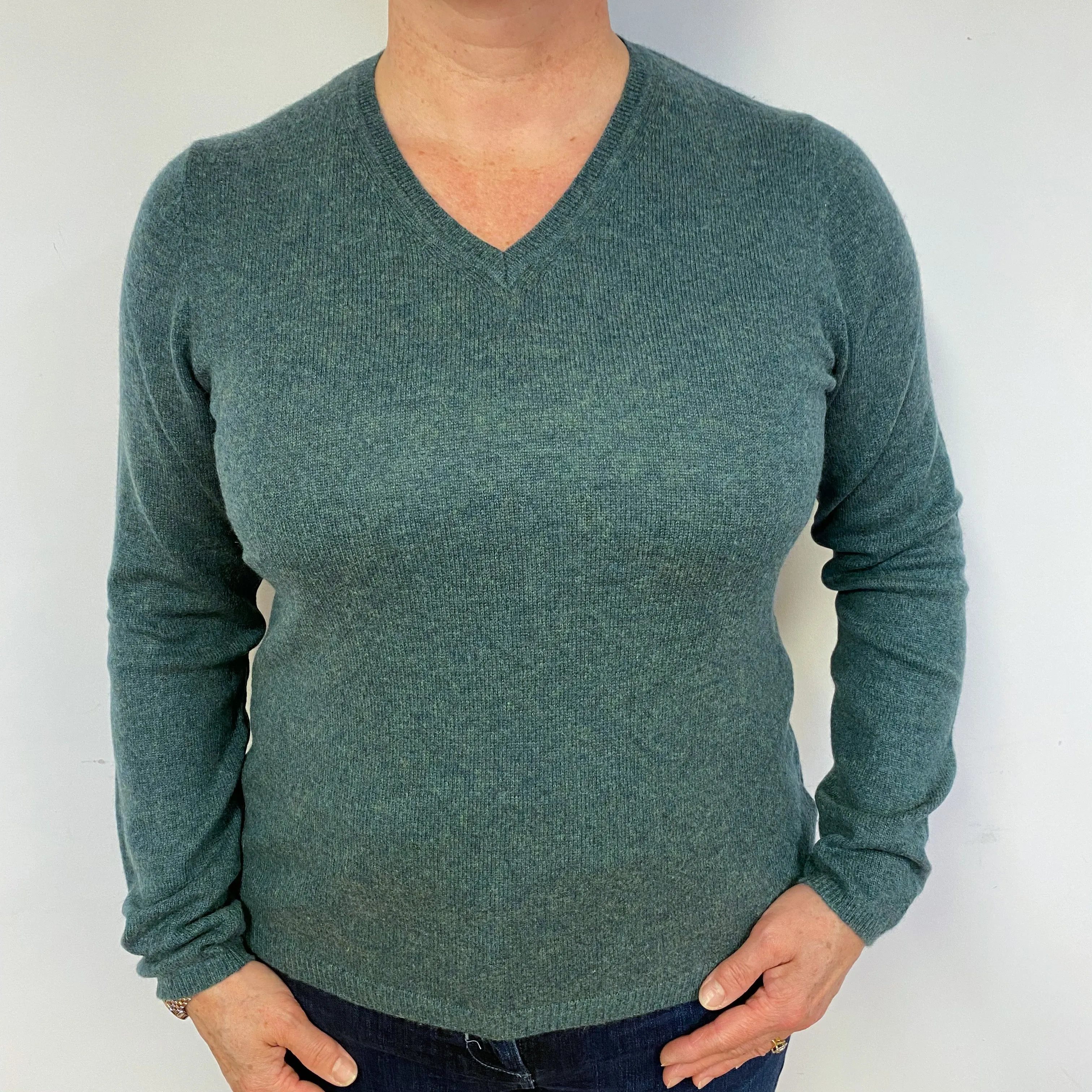 Spruce Green Cashmere V-Neck Jumper Large.