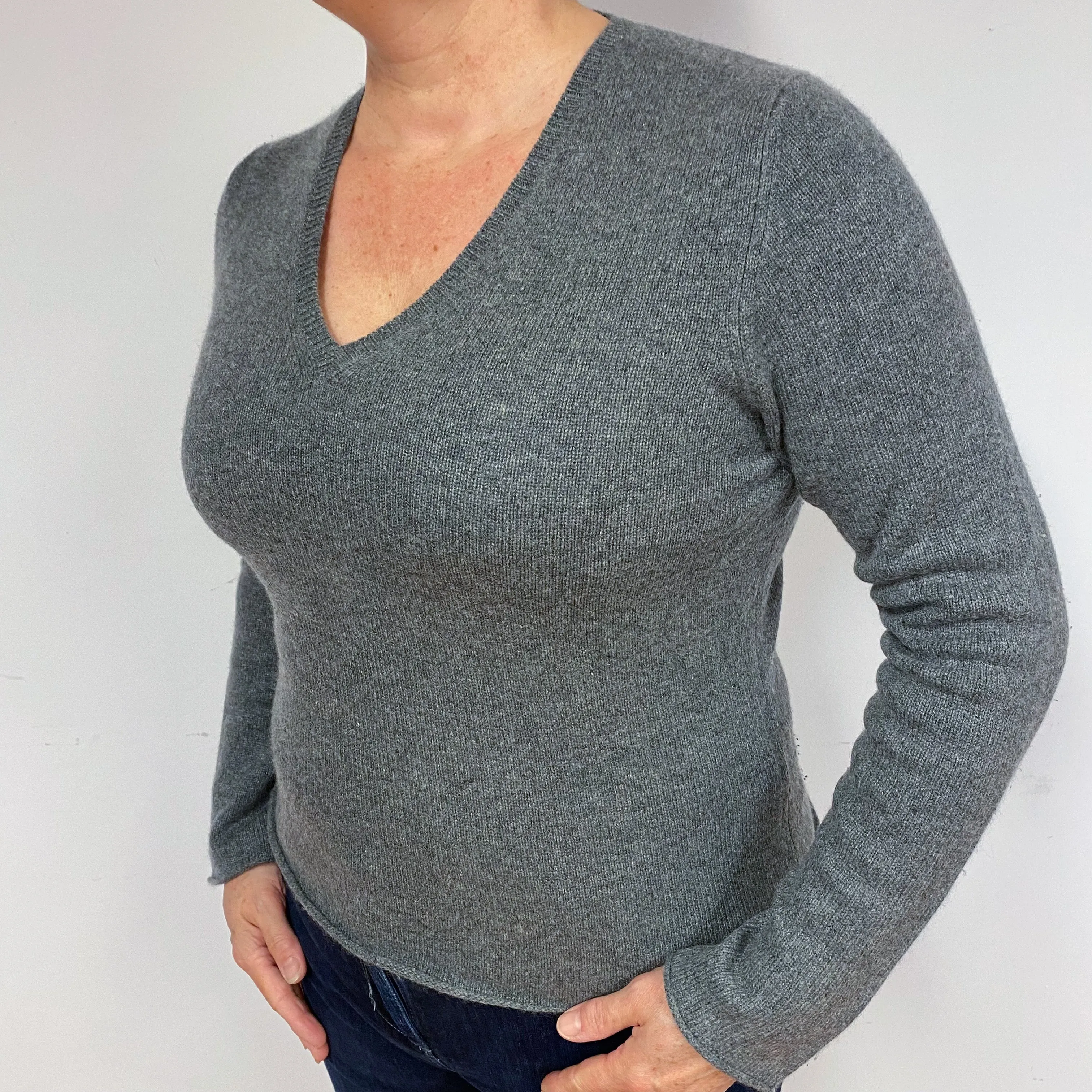 Steel Grey Cashmere V-Neck Jumper Large