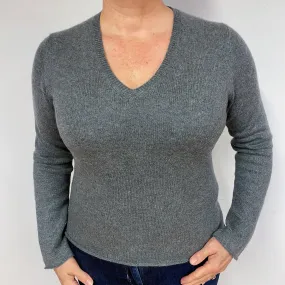 Steel Grey Cashmere V-Neck Jumper Large