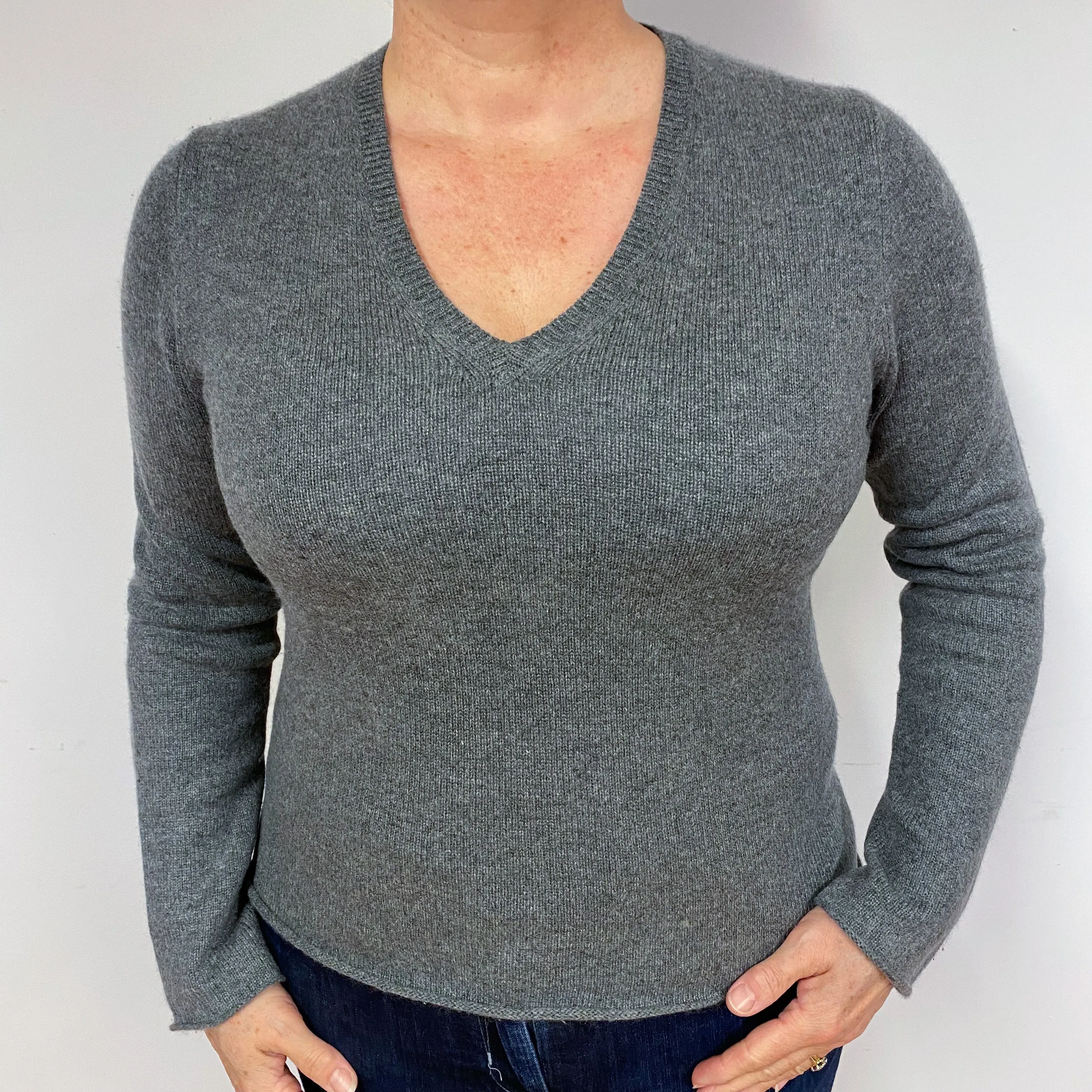 Steel Grey Cashmere V-Neck Jumper Large