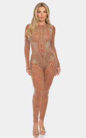 Stunning Rhinestone Sheer Mesh Long Sleeve Jumpsuit