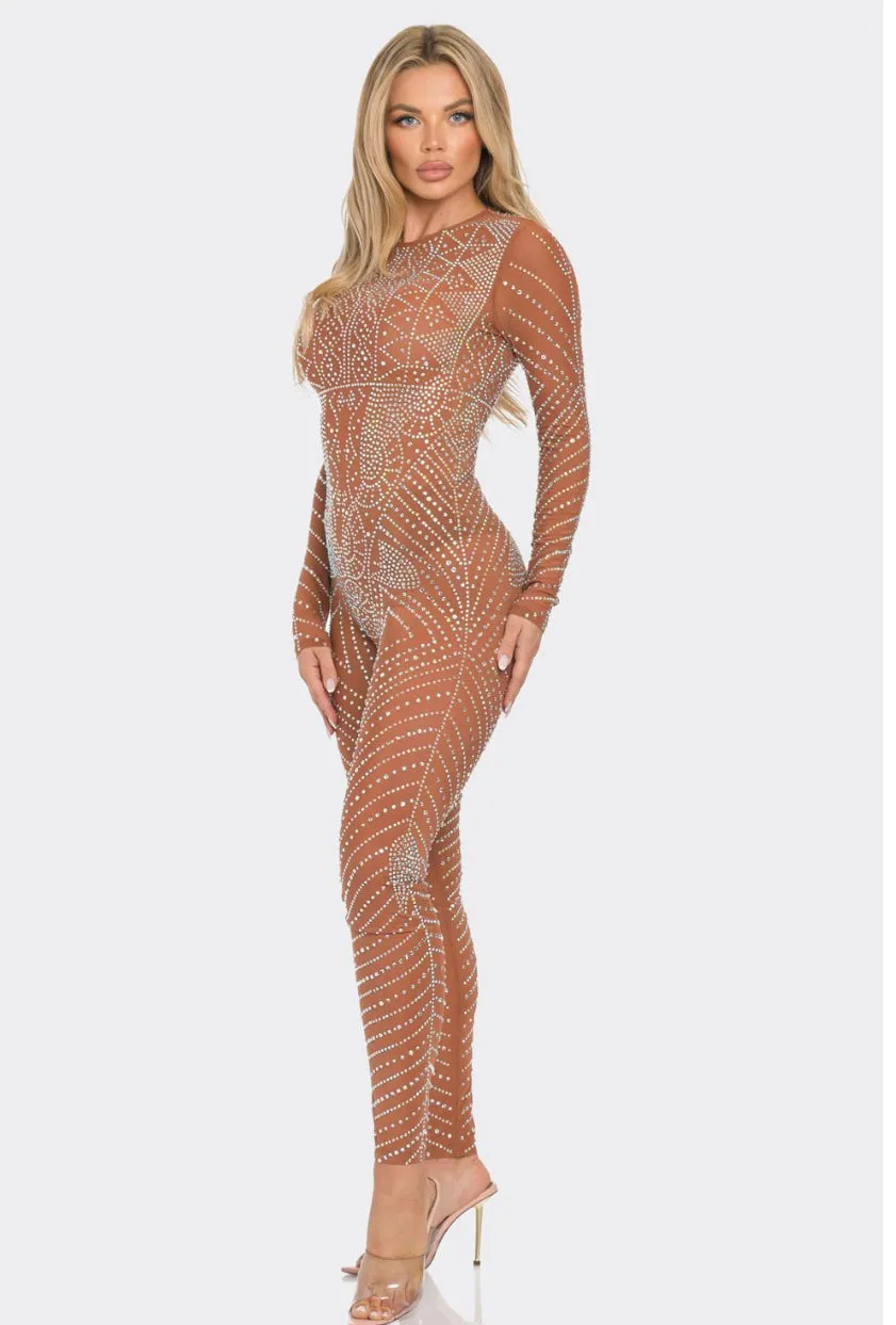 Stunning Rhinestone Sheer Mesh Long Sleeve Jumpsuit