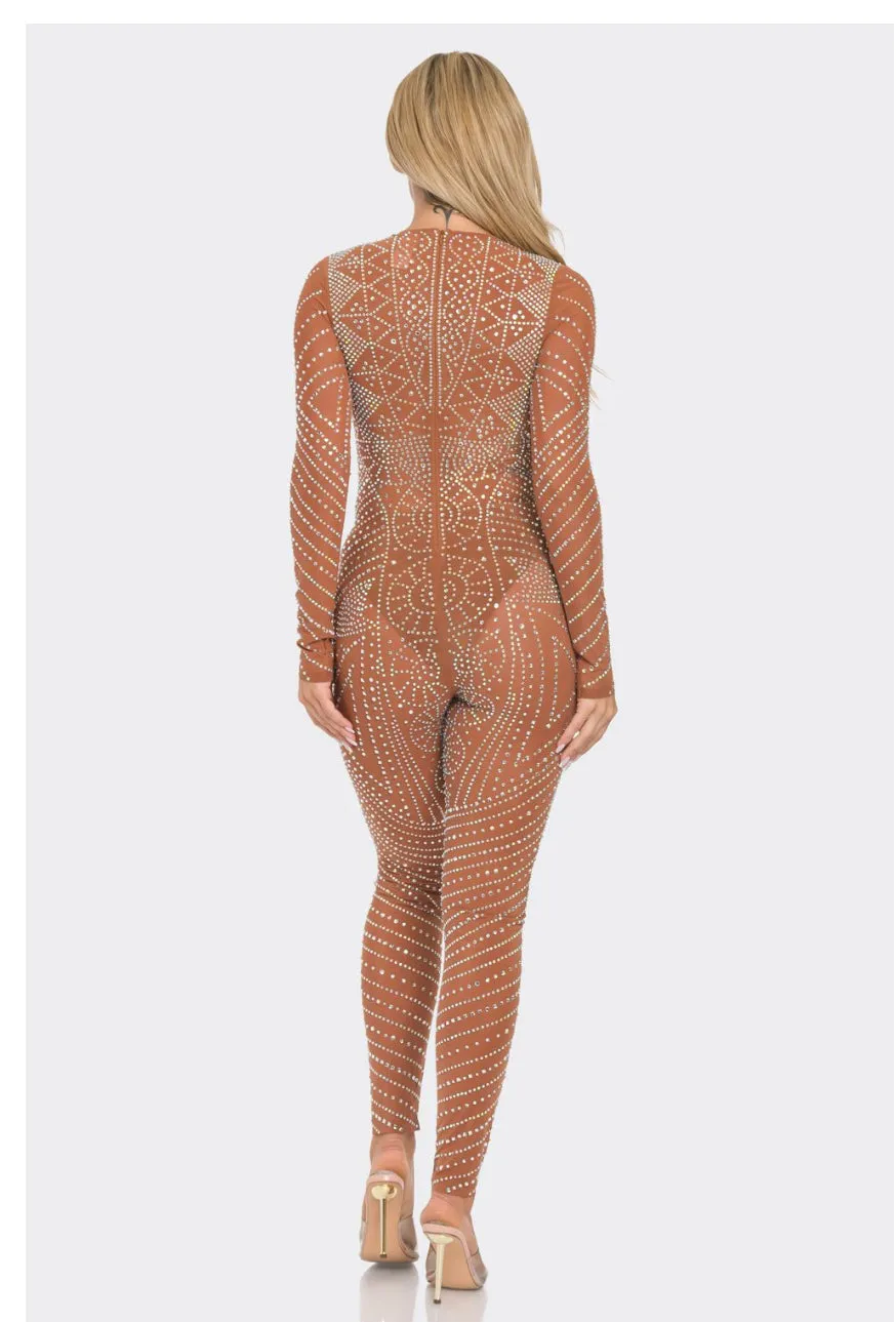 Stunning Rhinestone Sheer Mesh Long Sleeve Jumpsuit