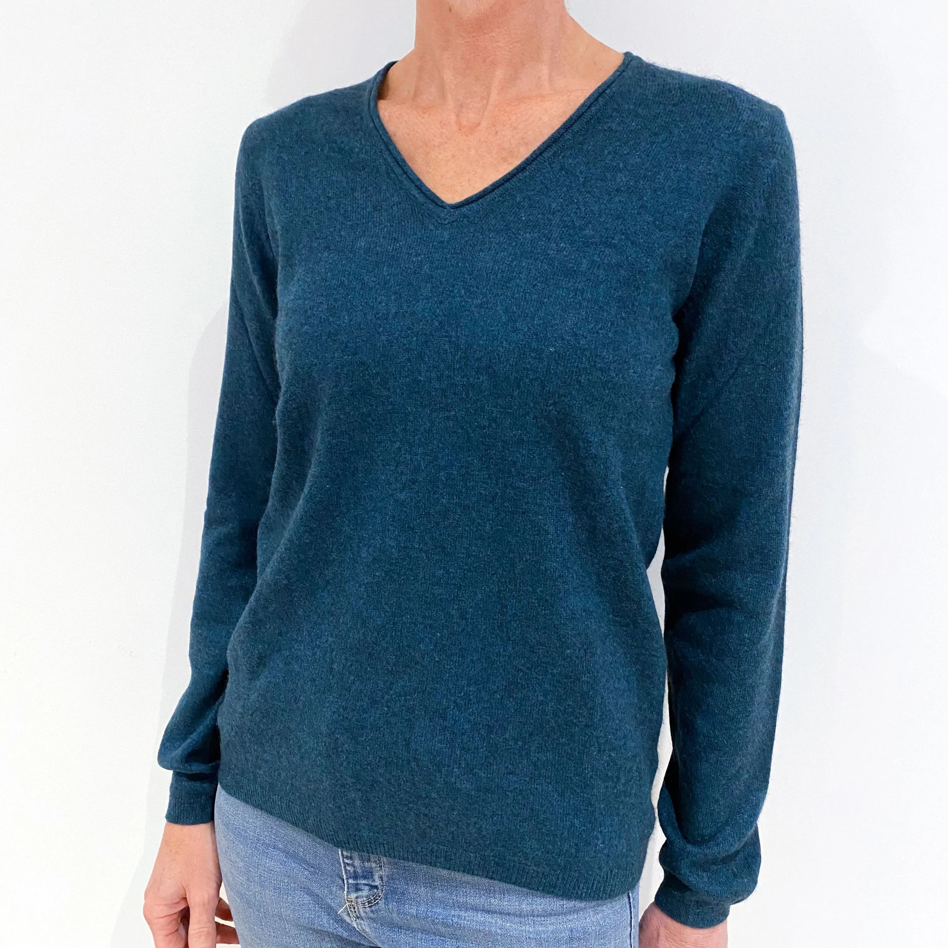 Teal Blue Cashmere V-Neck Jumper Small
