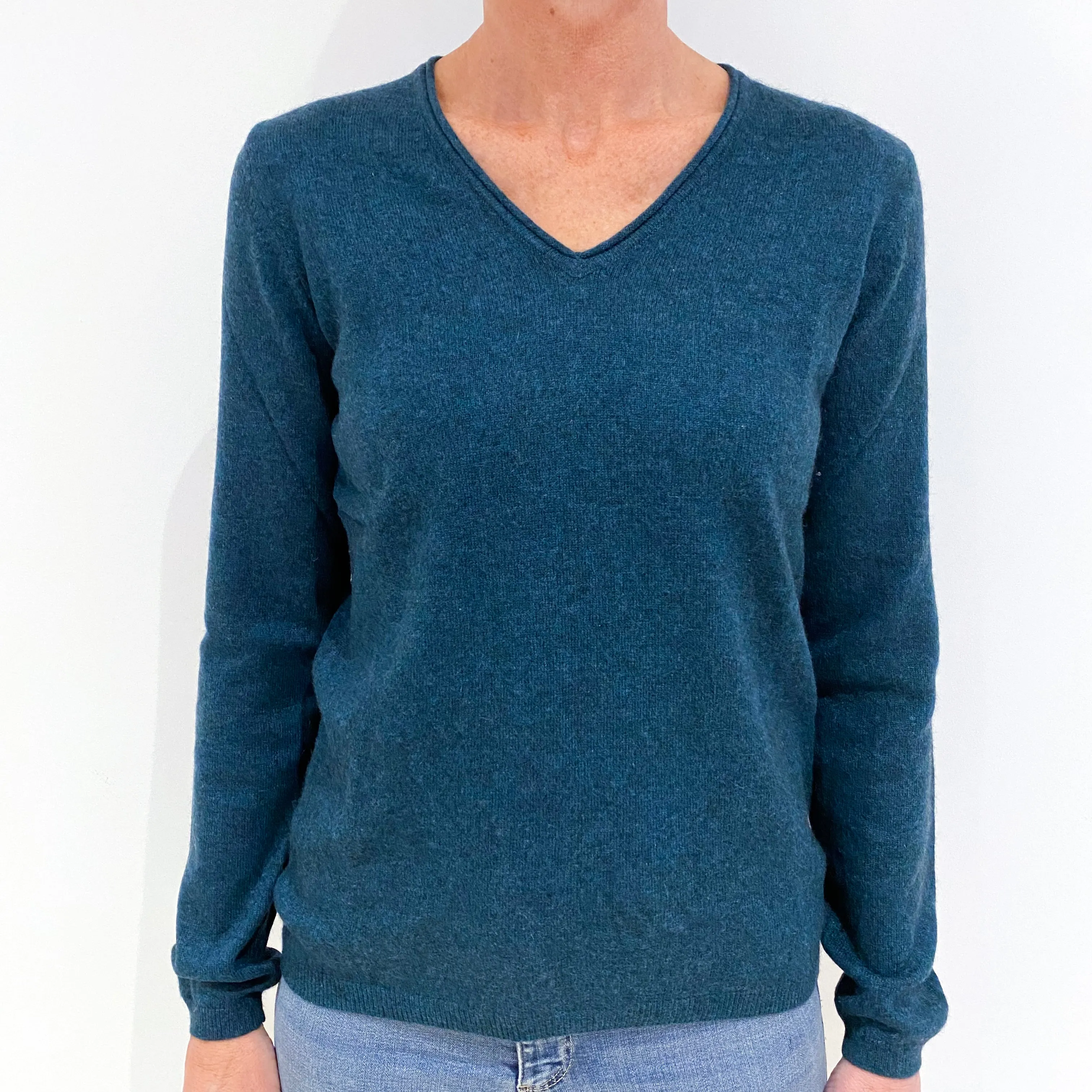Teal Blue Cashmere V-Neck Jumper Small