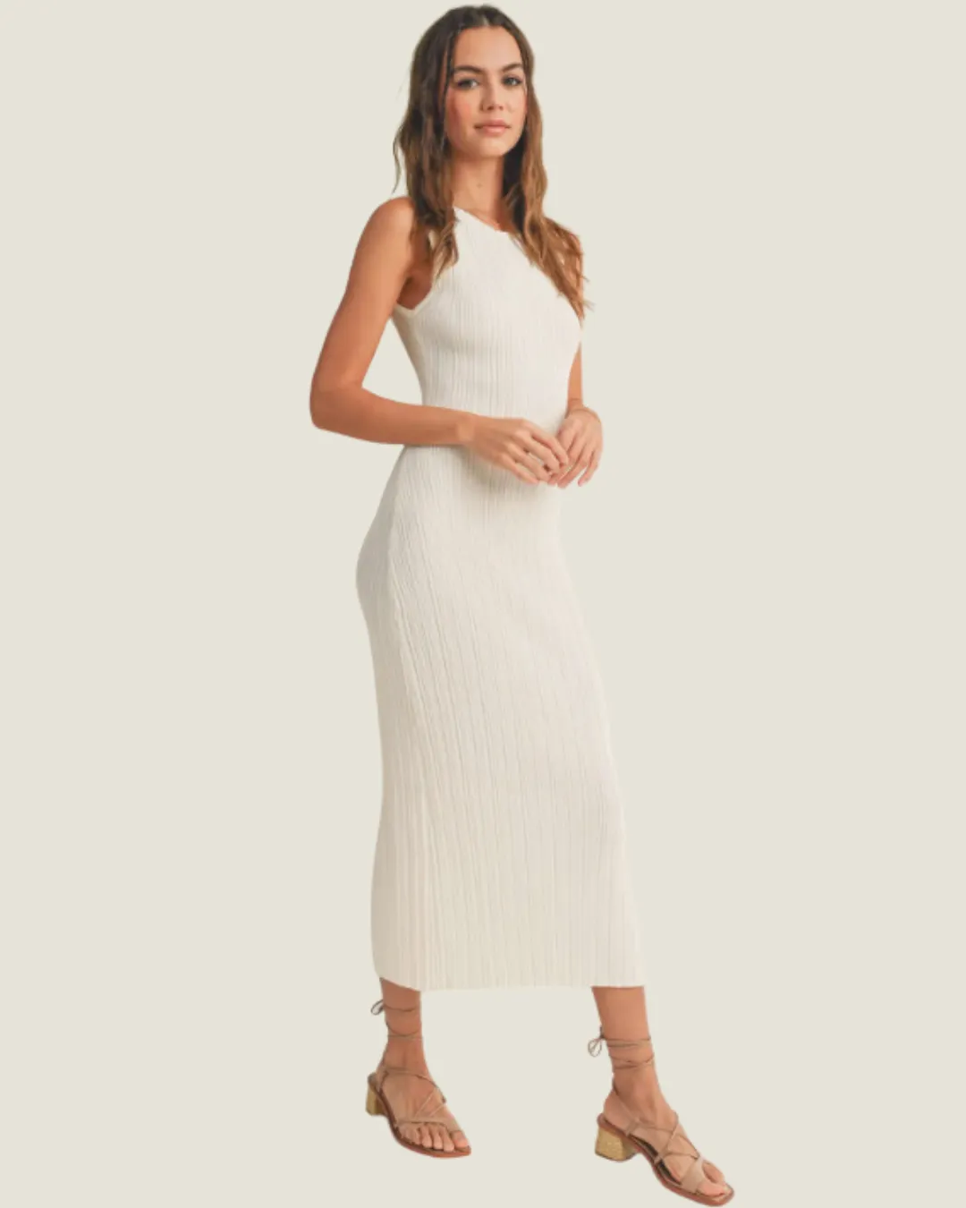 The Brooke: White Ribbed Knit Midi Dress