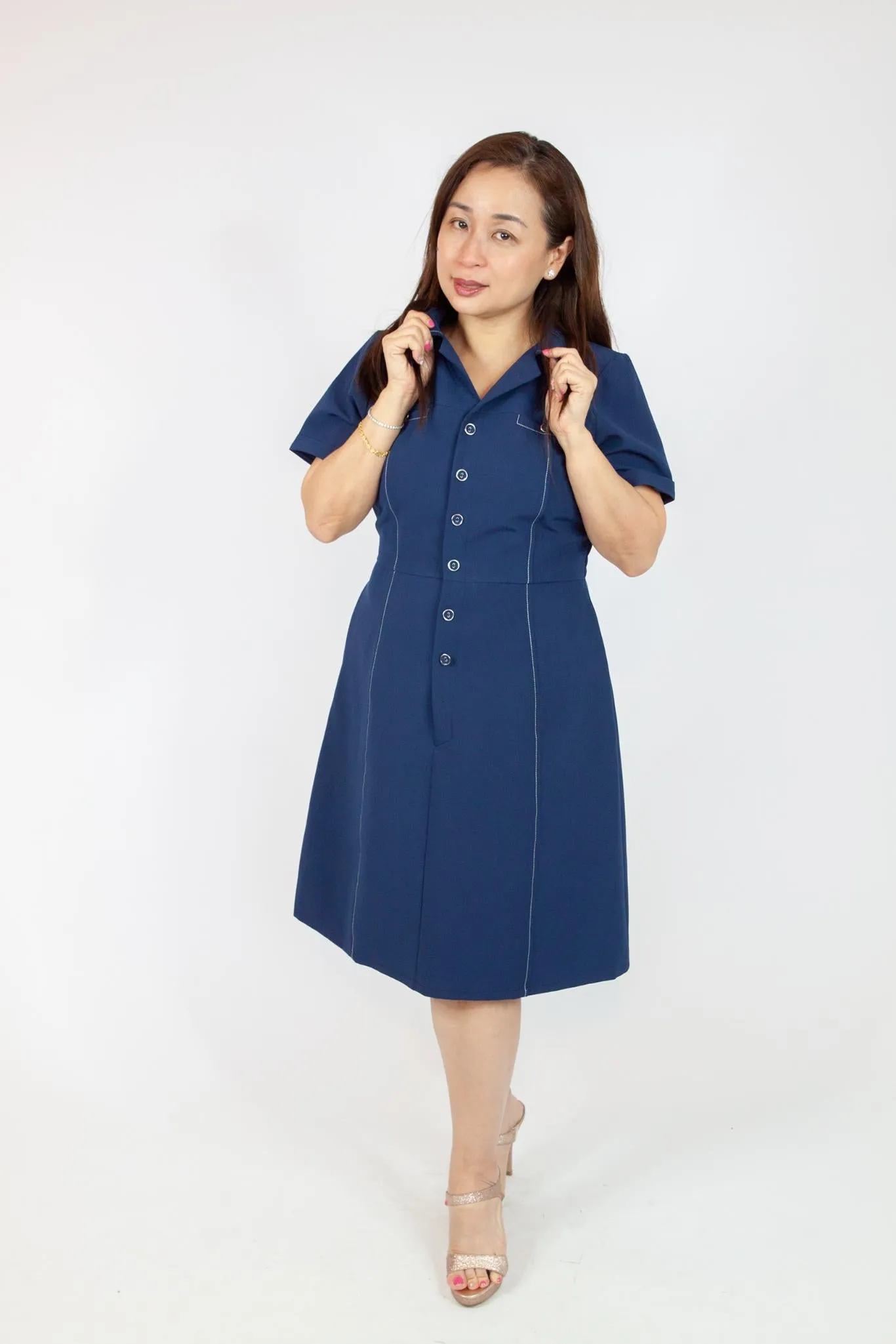 V Neck Collared Button Up Dress