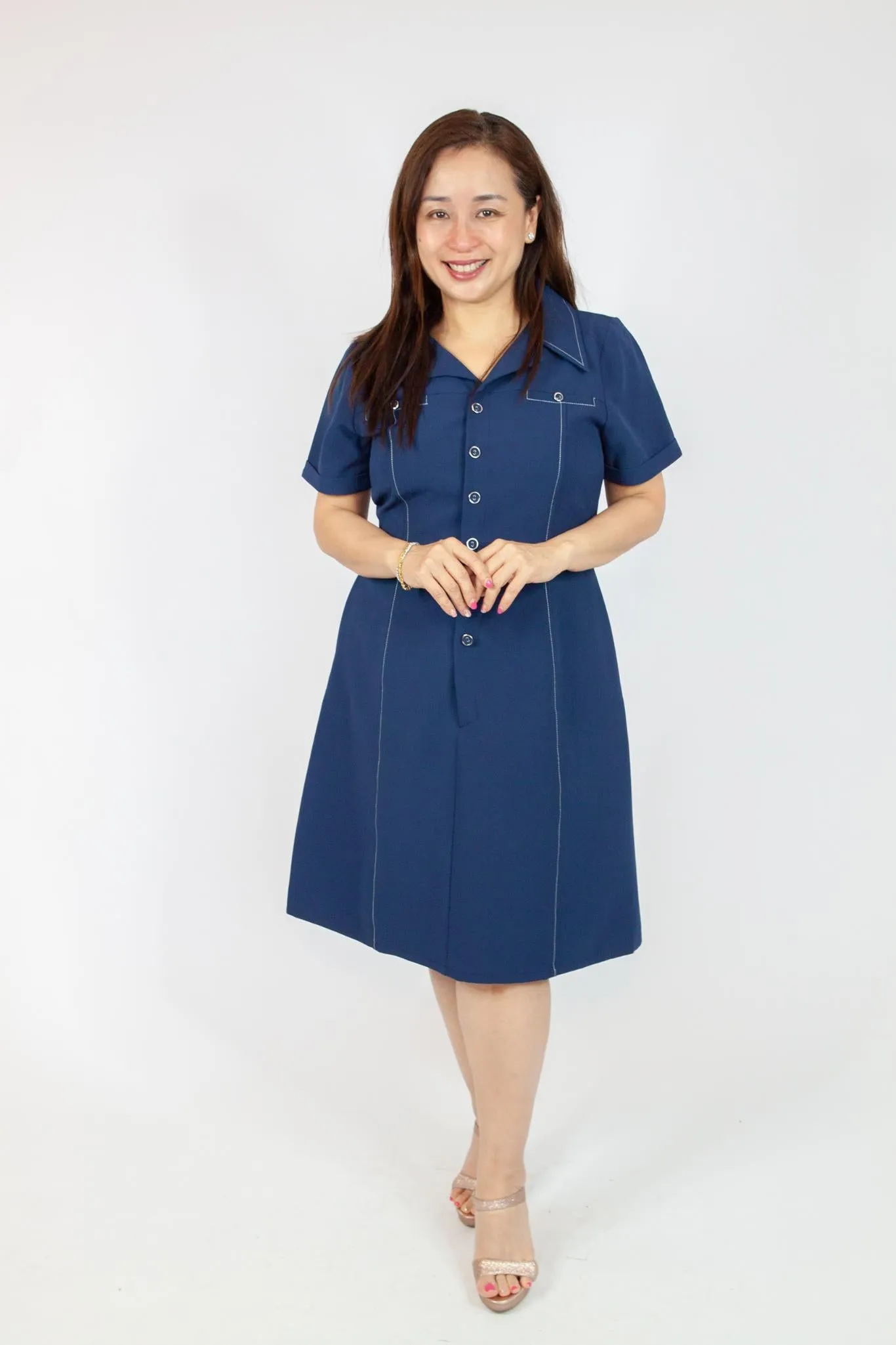V Neck Collared Button Up Dress