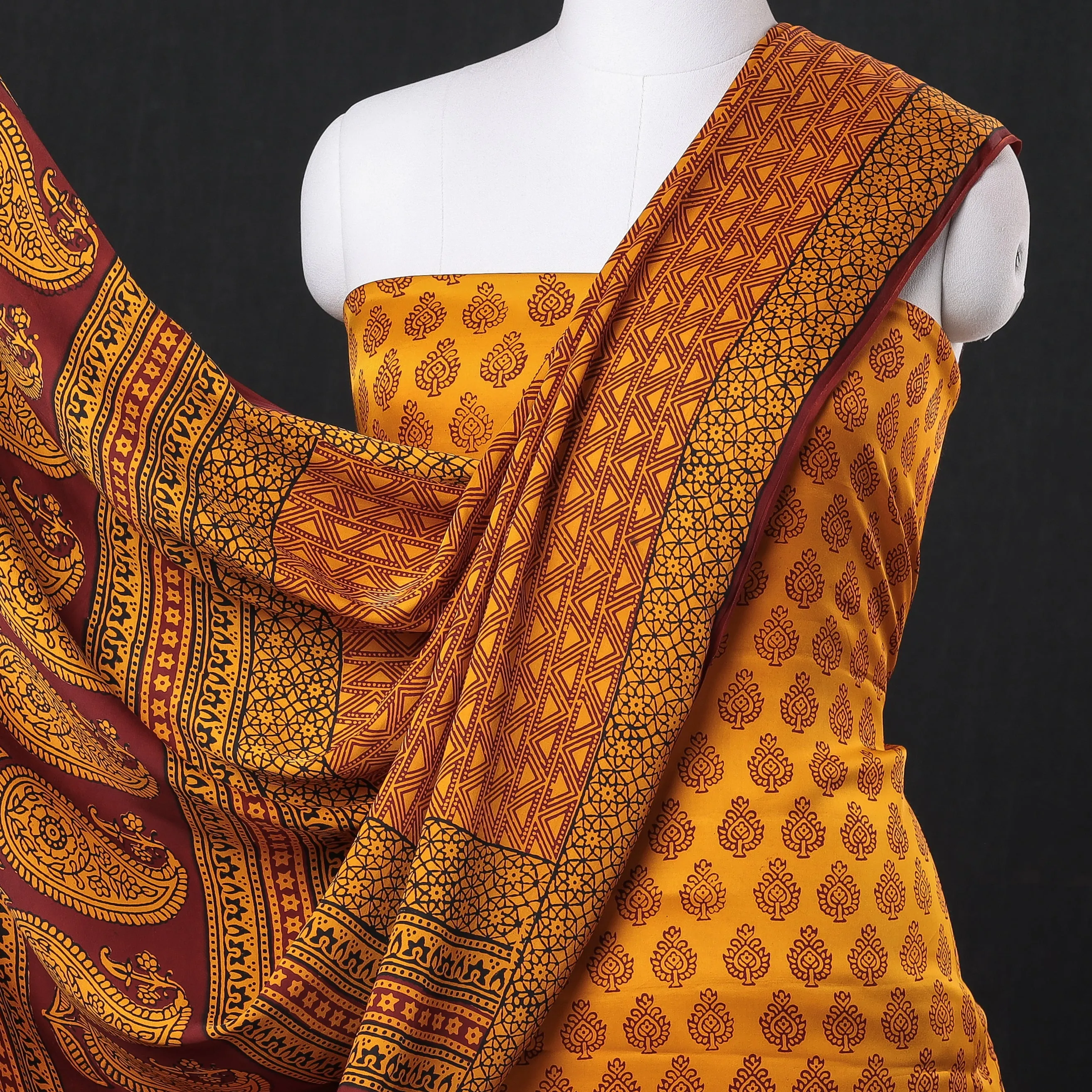 Yellow - 3pc Bagh Block Printed Modal Silk Suit Material Set