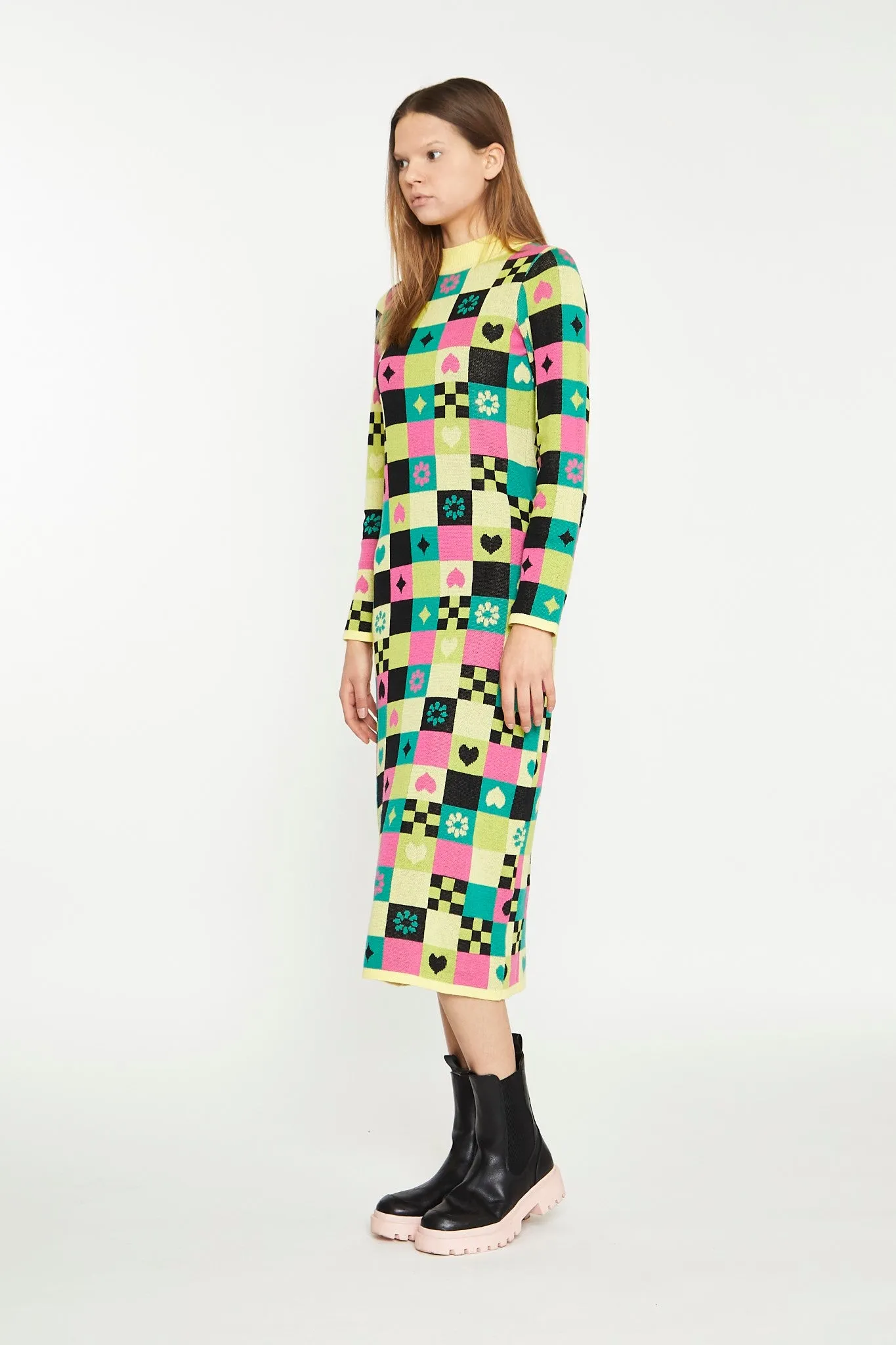 Yellow Green Multi Tile Knitted Midi Dress