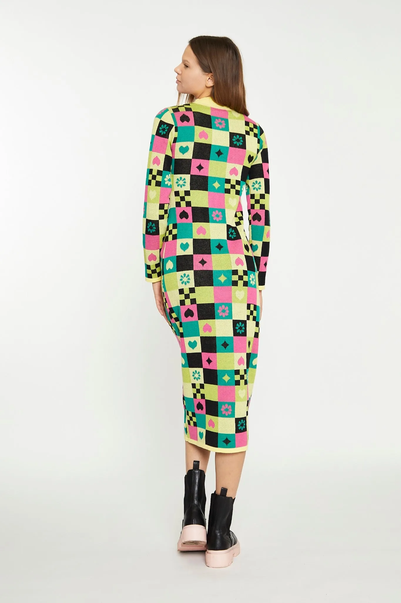 Yellow Green Multi Tile Knitted Midi Dress